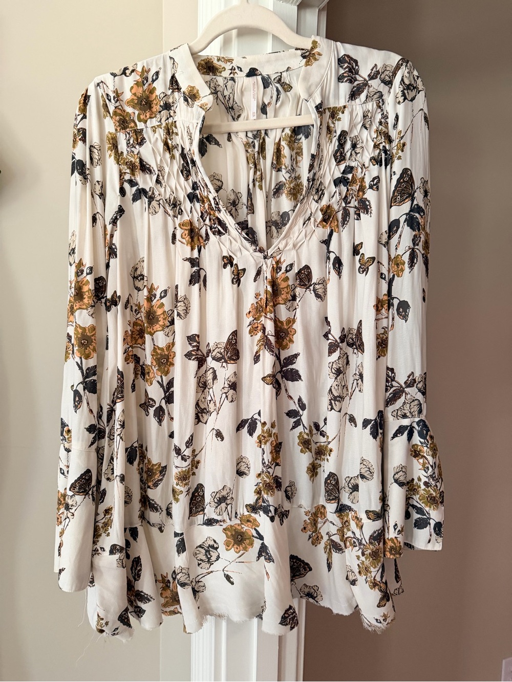 Free People White Floral Peasant Blouse with Mustard and Black Print